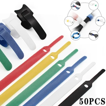 50Pcs tiesiai daugkartinio naudojimo spalvų kabeliui, nailono kabeliui, T-formos velcro kabeliui, su kablys ir kilpa vielos valdymo įrankis