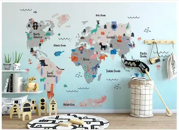 Aukštos Kokybės Užsakymą 3d tapetai freskomis Rankomis dažyti cartoon tapetai, pasaulio gyvūnų žemėlapis vaikų kambario sienų fone sienos