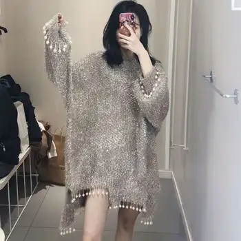 Korėjos ir japonijos Stiliaus Naujas 2020 Pilka negabaritinių Moterims megztiniai ir džemperiai D640