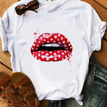 Mergina Vasaros Panele Laisvalaikio Seksualus Lūpų T-shirt Dovana Raudona Lūpų Marškinėliai Moterims Parfumerijos Gėlių Pagrindinio Užsakymą Išspausdinti Balti marškinėliai
