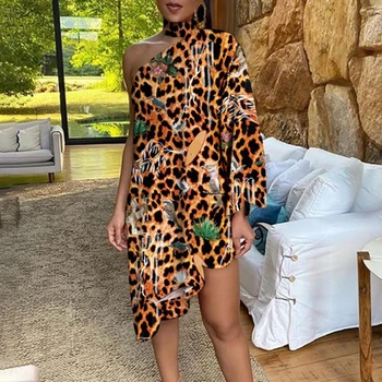 Povas Leopardas Spausdinti Apynasrio Rudens Dress Seksuali Moteris Vieną Petį Pynimas Šalis Suknelė Elegantiškas Retro Backless Nereguliarus Mini Suknelė