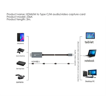 Z36A Usb Tipas-C Hd Dažnis Video CaptUre Card Game Live Užfiksuoti Obs Programinė įranga, Kabelis 2 Metrai